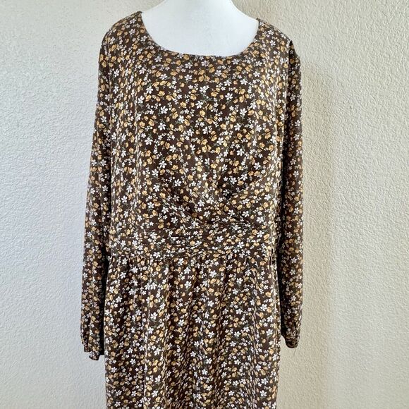Bloomchic Prairie Dress Sz 22-24 Brown Floral Flutter Long Sleeve Ruffle Hem - Picture 2 of 14